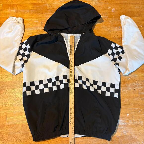 Cali 1850 Jacket Womens Medium Black White Checkerboard Hooded Wind Y2K Retros - Picture 4 of 7